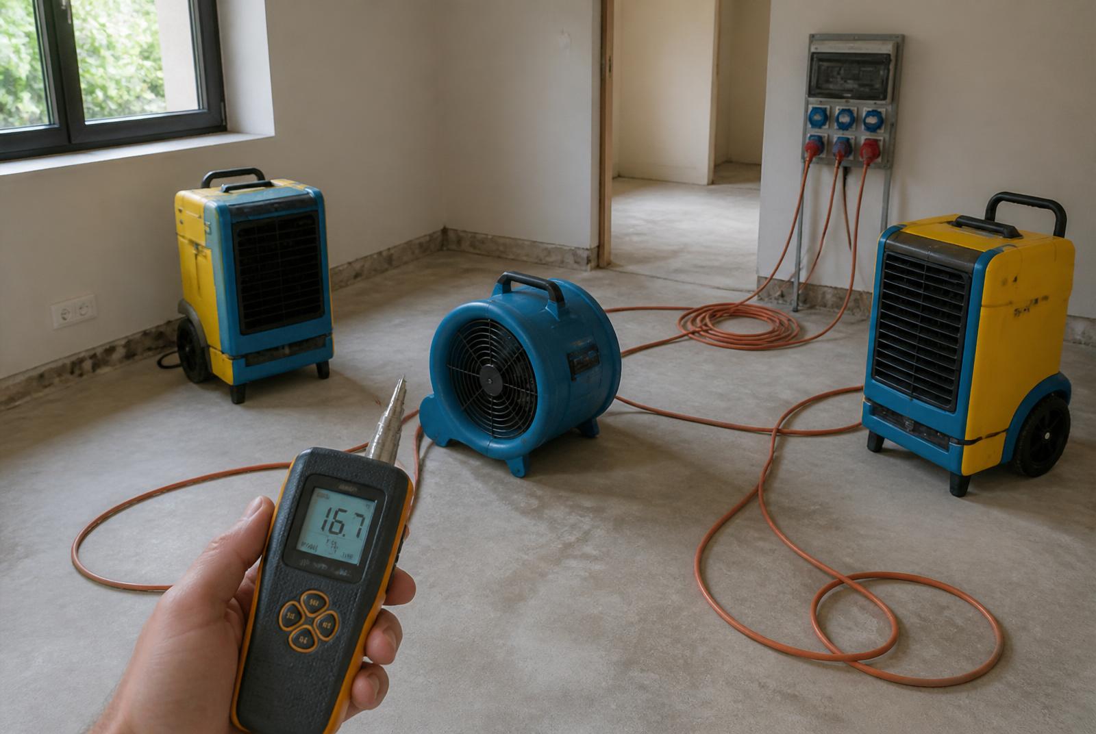 Aufgebaute technische Trocknung mit Kondensationstrocknern, Ventilator und Feuchtemessgerät