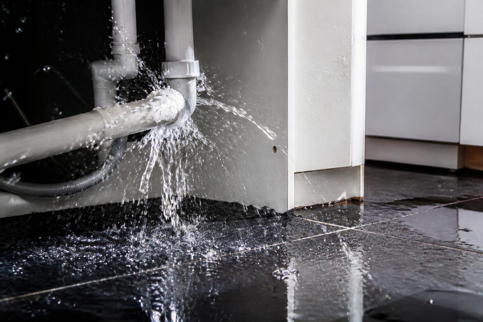 Wasserschaden — auslaufendes Wasser an einem geplatzten Rohr