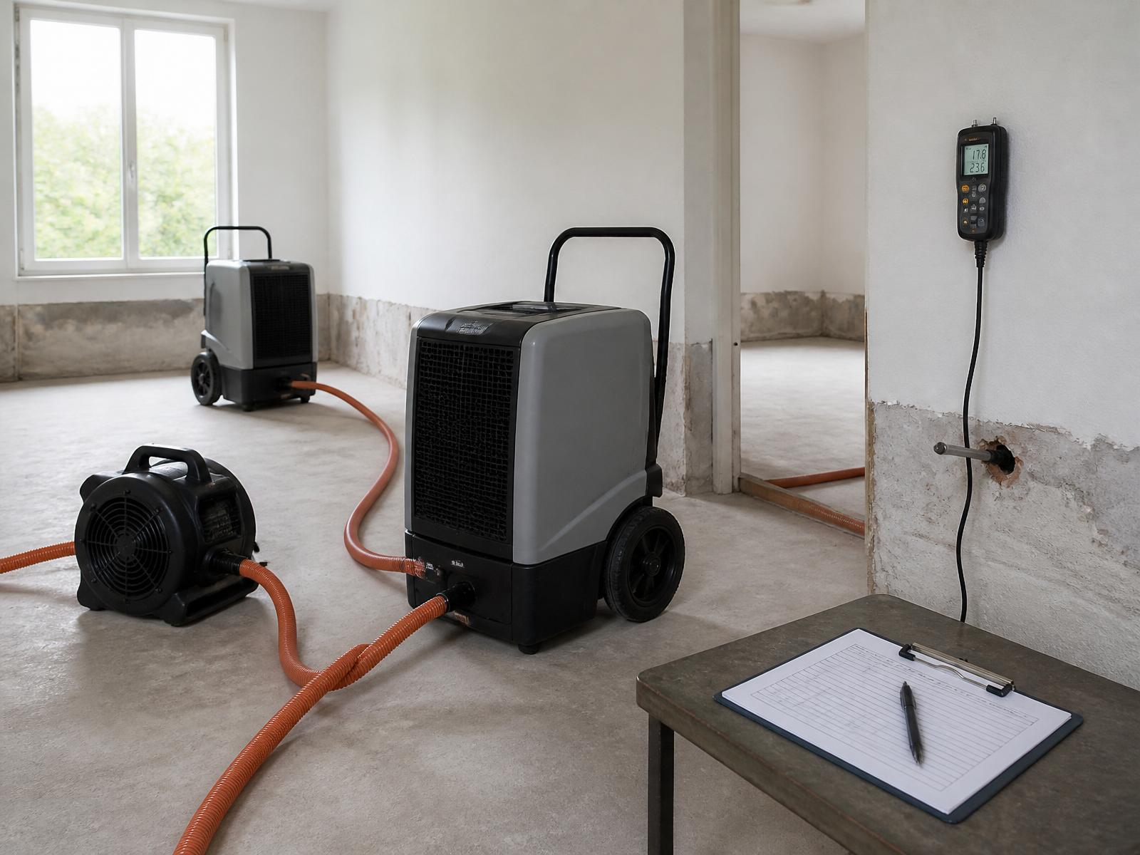 Aufgebaute technische Bautrocknung mit Kondenstrockner und Ventilatoren im Raum
