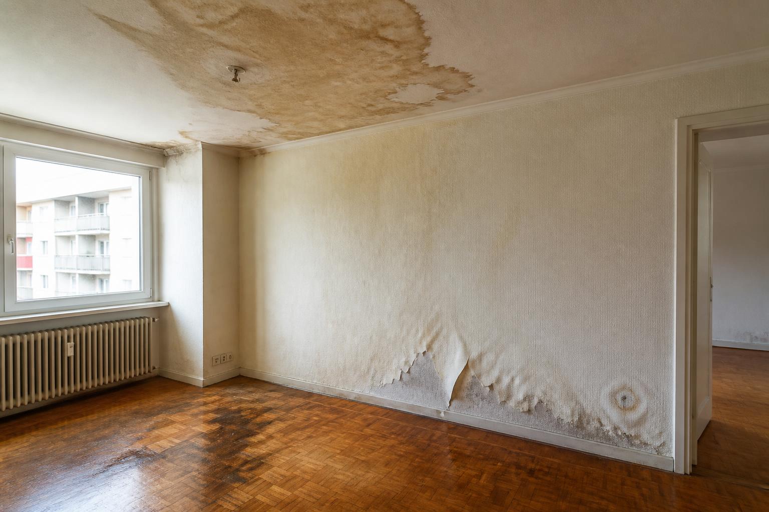 Sichtbarer Wasserschaden — durchfeuchtete Wand und aufgequollener Boden vor der Sanierung