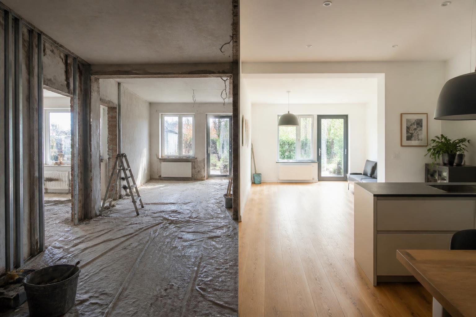 Komplettsanierung Vorher / Nachher — entkernte Baustelle und fertiges Wohnobjekt