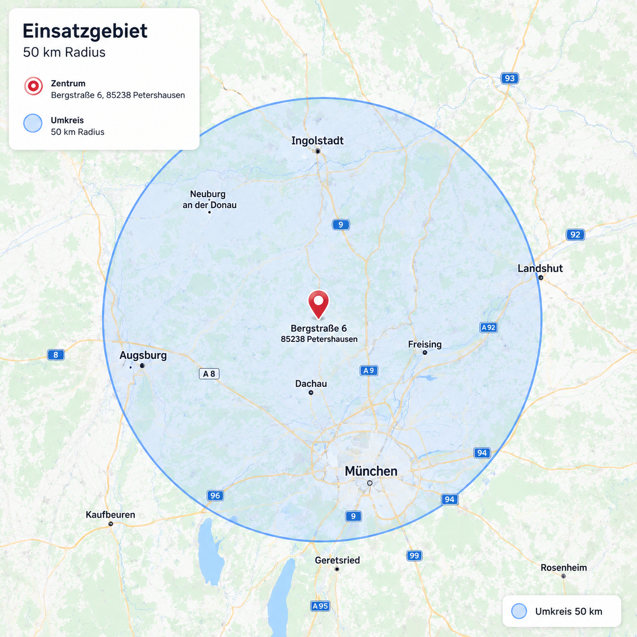 Einsatzgebiet NEO-SAN — Karte rund um Petershausen, Dachau, Freising und München Nord