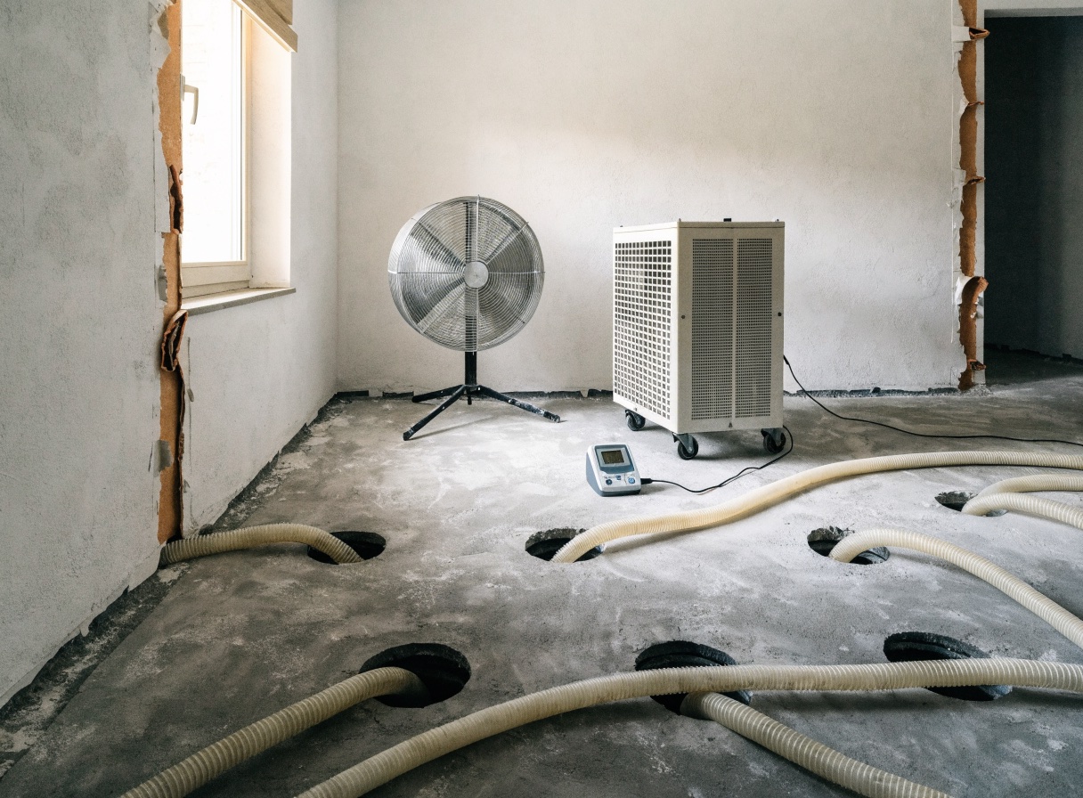 Laufende Estrichtrocknung — Kondenstrockner, Turbine und Trocknungsschläuche im offenen Estrich