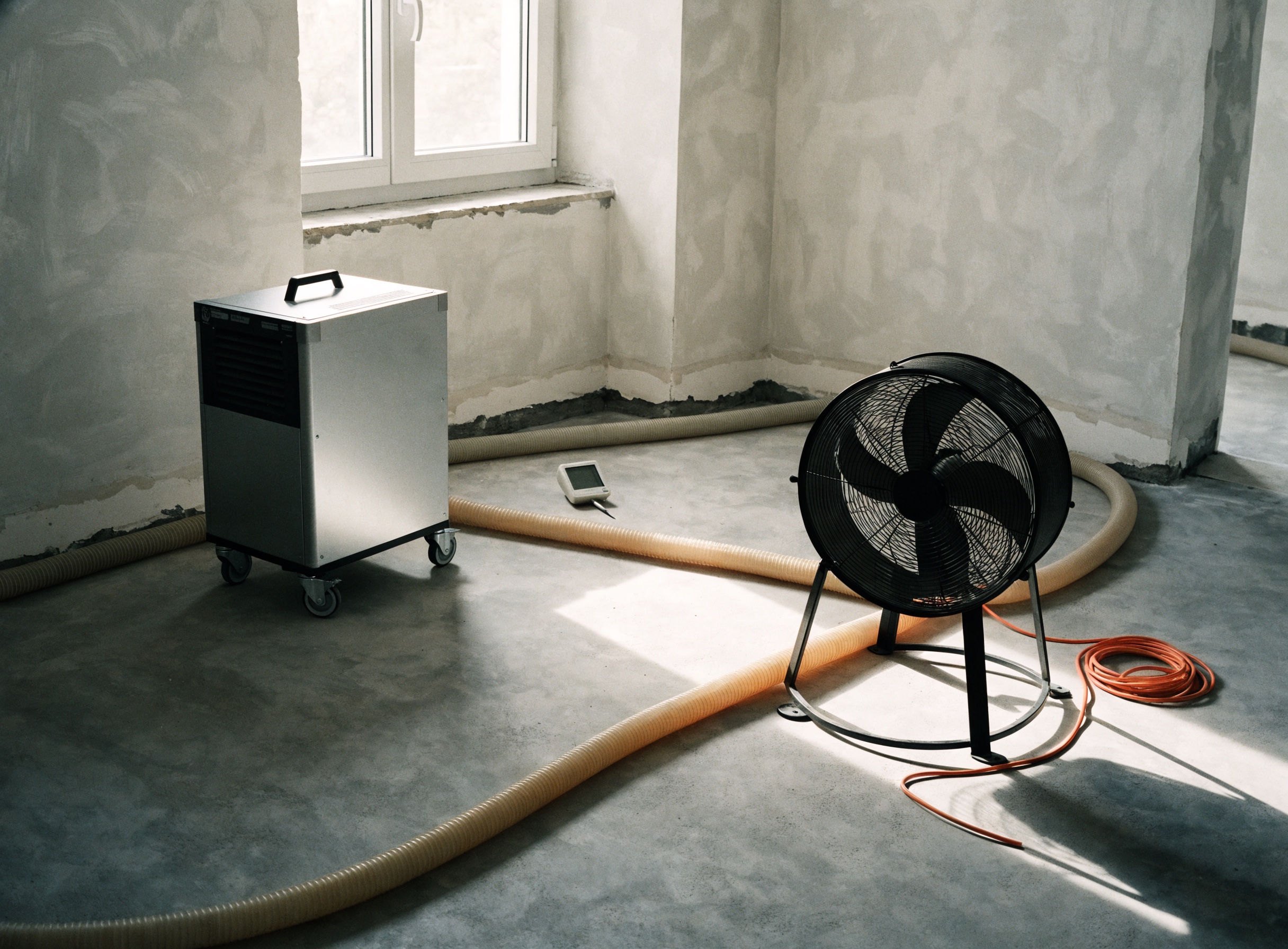 Laufende Estrichtrocknung — Kondenstrockner, Turbine und Trocknungsschläuche im offenen Estrich