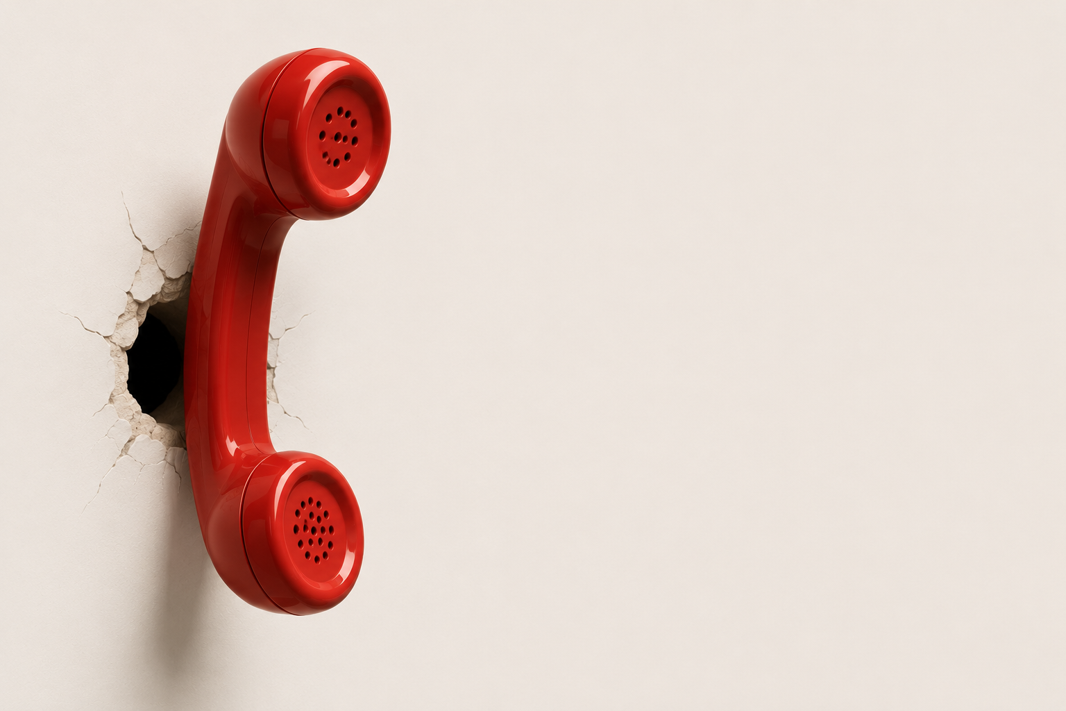 Rotes Telefon durchbricht eine Wand — direkter Draht zu NEO-SAN